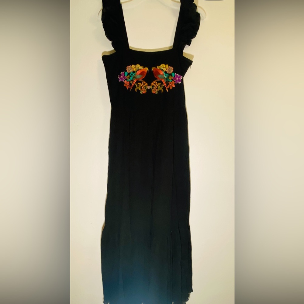 Black Sleeveless Maxi Dress with Red Embroidery